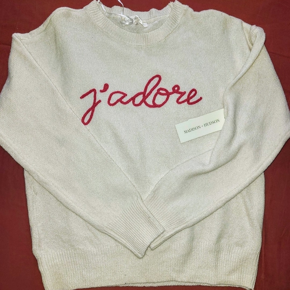 Madison Cream Crewneck Sweater with Red Embroidery